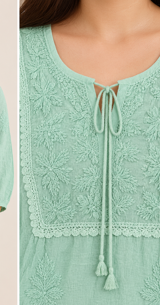 Chikankari Short Top - Mint Green Muslin