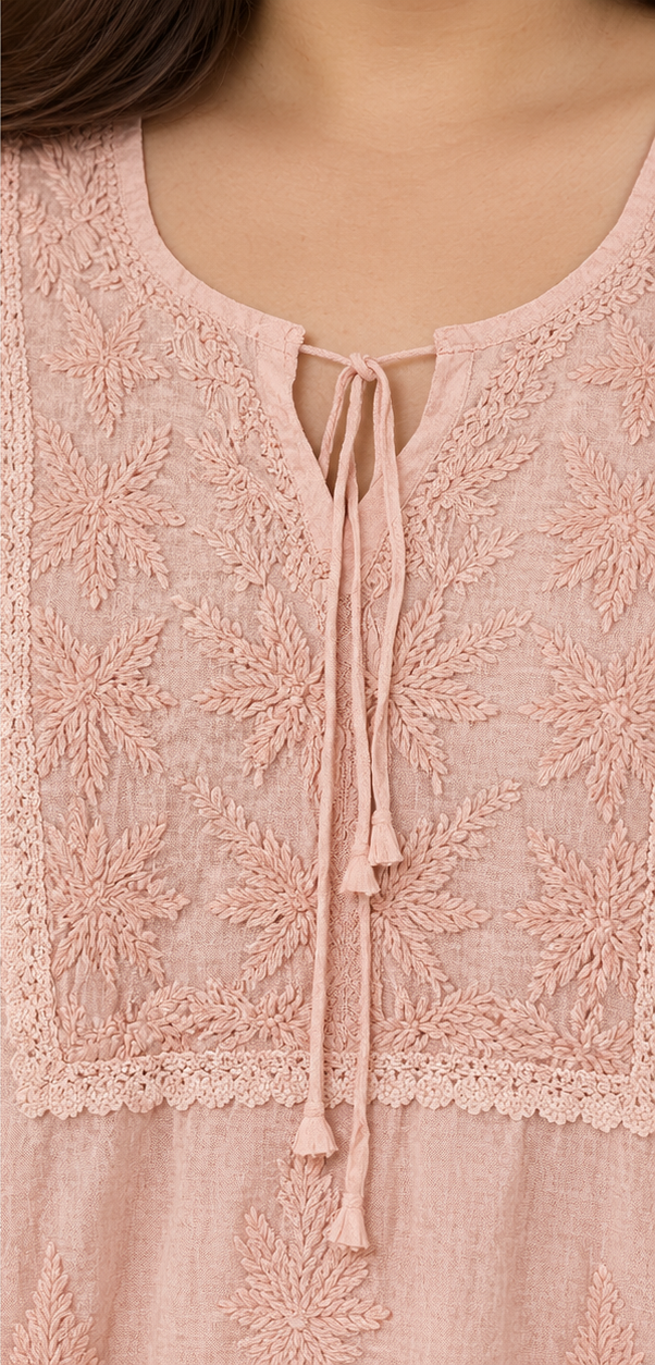 Chikankari Short Top -  Peach Pink Muslin