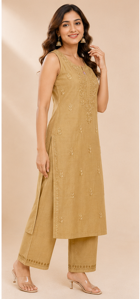 Chikankari Kurti Set Chanderi Sleeveless Kurti and Pant Set