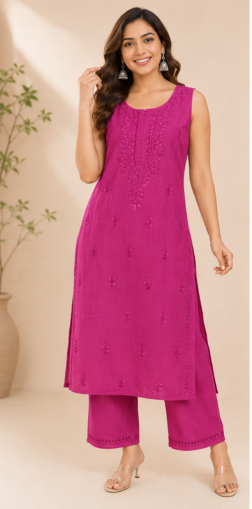 Chikankari Kurti Set Chanderi Sleeveless Kurti and Pant Set