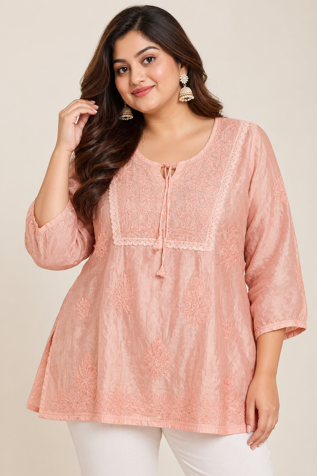Chikankari Short Top -  Peach Pink Muslin