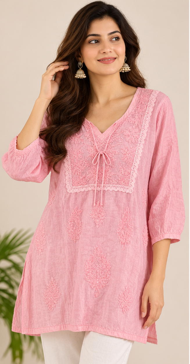 Chikankari Short Top - Pink Muslin