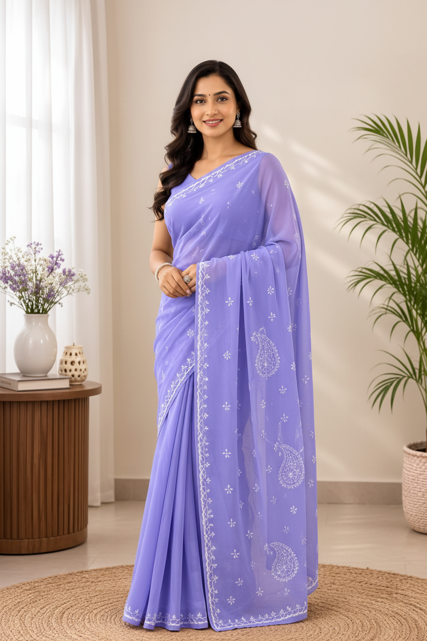 Chikankari Saree Pure Cotton Pastel Purple