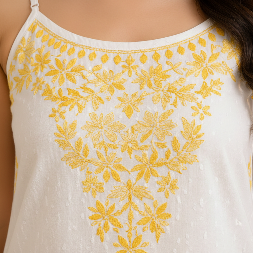 Chikankari Sleeveless Top - Cotton White with Yellow Embroidery